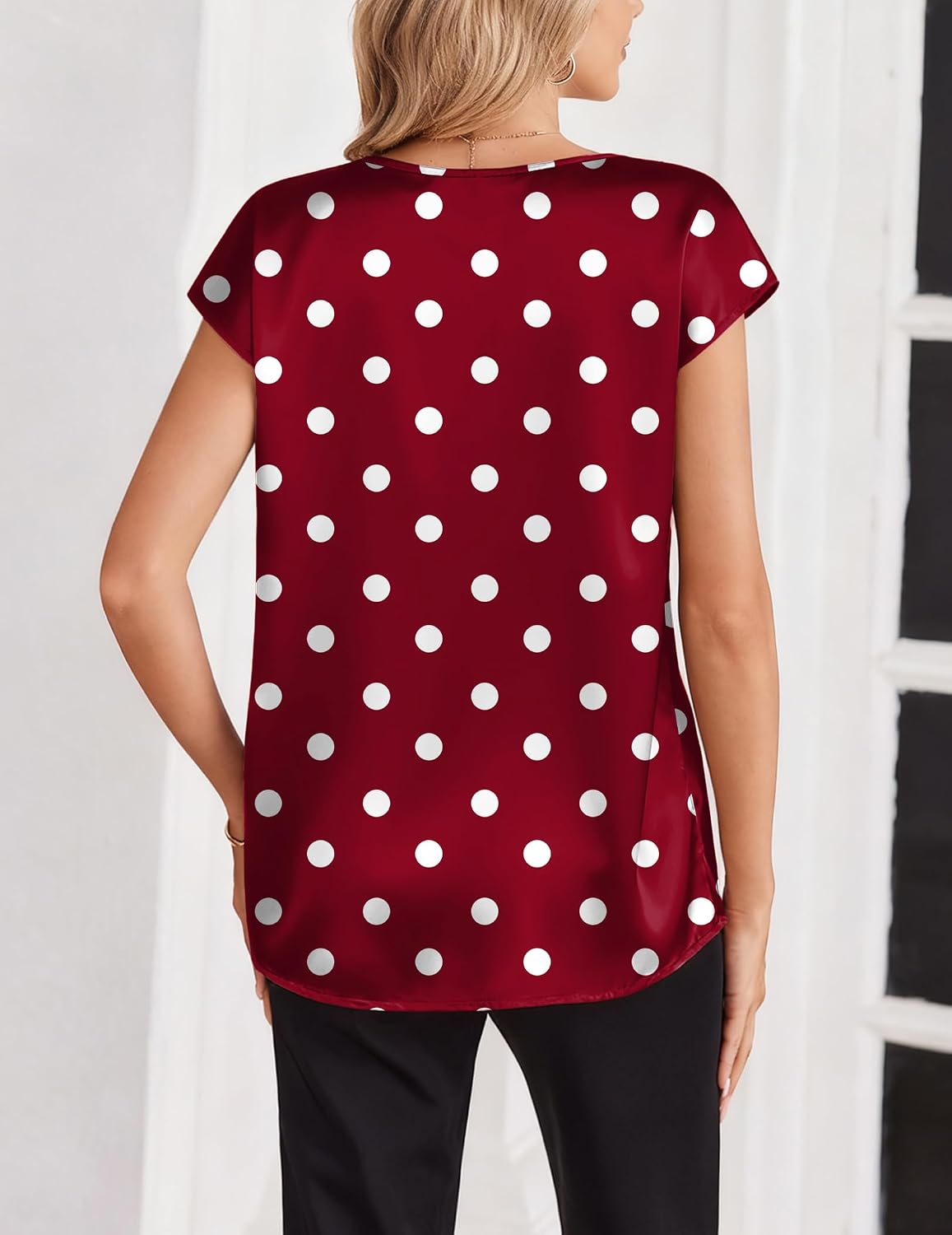  Women Satin V Neck Blouse Cap Short Sleeve Business Casual Top S-2XL thumbnail