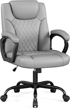 Misolant Office Chair, Executive Desk Chair, PU Leather Comfortable Ergonomic Chairs with Fixed Armrest, Adjustable Height, Rocking Function, 360 Swivel Wheels, Gray