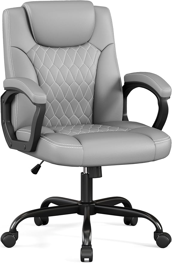 Misolant Office Chair, Executive Desk Chair, PU Leather Comfortable Ergonomic Chairs with Fixed Armrest, Adjustable Height, Rocking Function, 360° Swivel Wheels, Brown