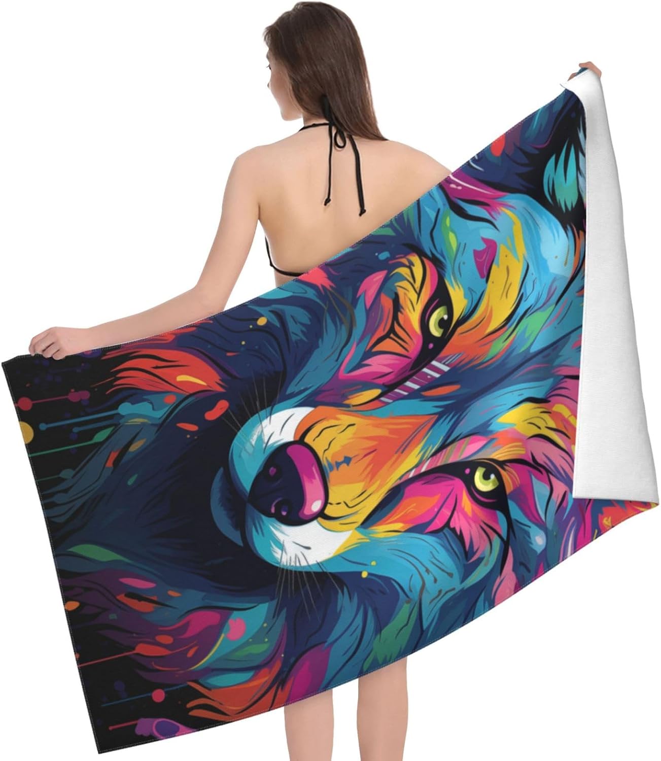 Beach Towel Colorful Wolf Theme Sand-Free Microfiber 52x32 Inches Absorbent Quick Dry Pool Bath Towel for Adults Kids Outdoor Swimming - Image 3