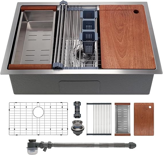 32" x 19" Multifunctional Undermount Workstation Kitchen Sink S304 Stainless Steel Handmade Modern Single Bowl Kitchen Sink with Accessories and Integrated