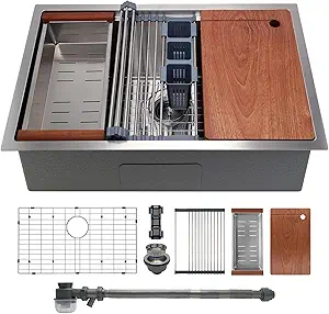 32" x 19" Multifunctional Undermount Workstation Kitchen Sink S304 Stainless Steel Handmade Modern Single Bowl Kitchen Sink with Accessories and Integrated