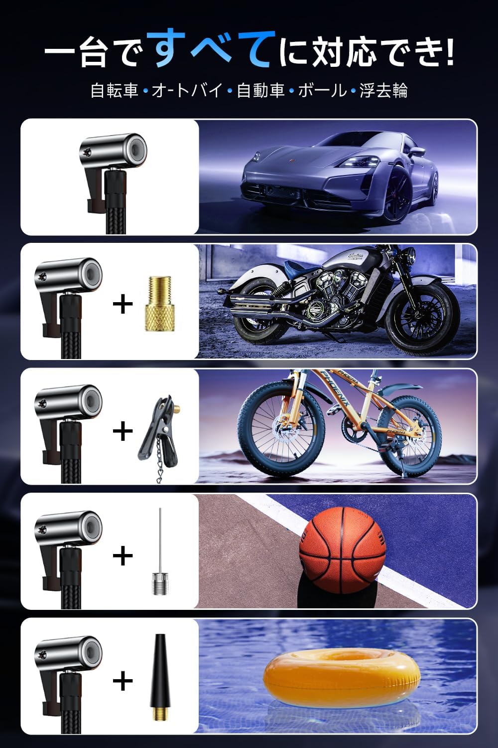 自転車 空気入れ 電動空気入れ バイク 車 仏/英/米式バルブ対応 最大圧力150PSI 高速充填 自動停止 6000mAh大容量電