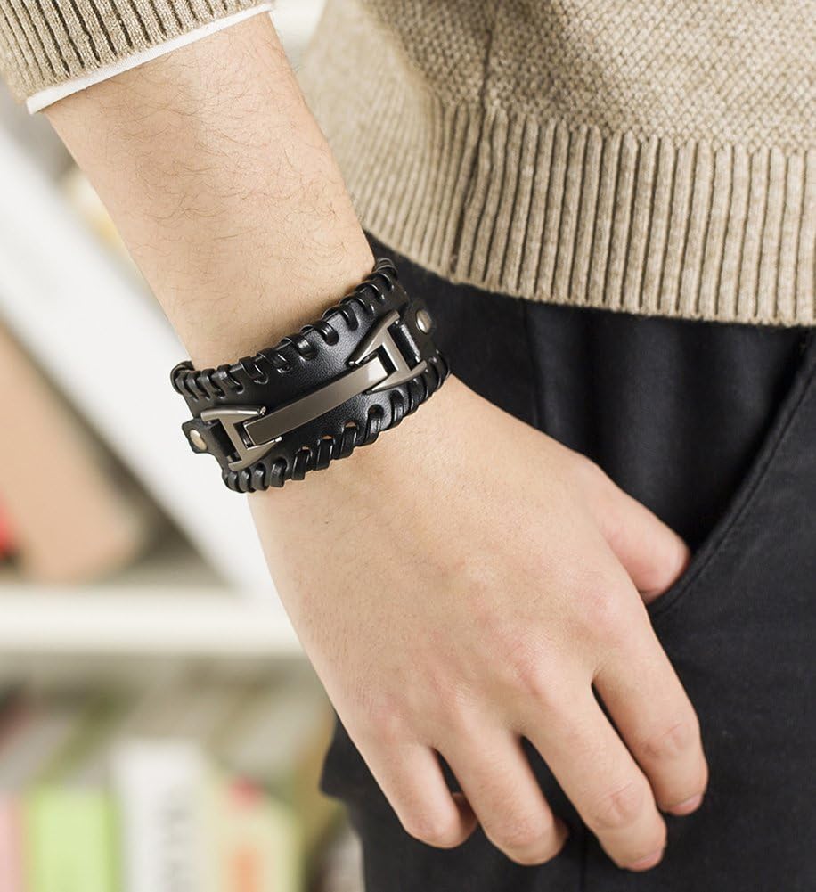 Hamoery Men Leather Bracelet Punk Braided Rope Alloy Bracelet Bangle Wristband - Image 3