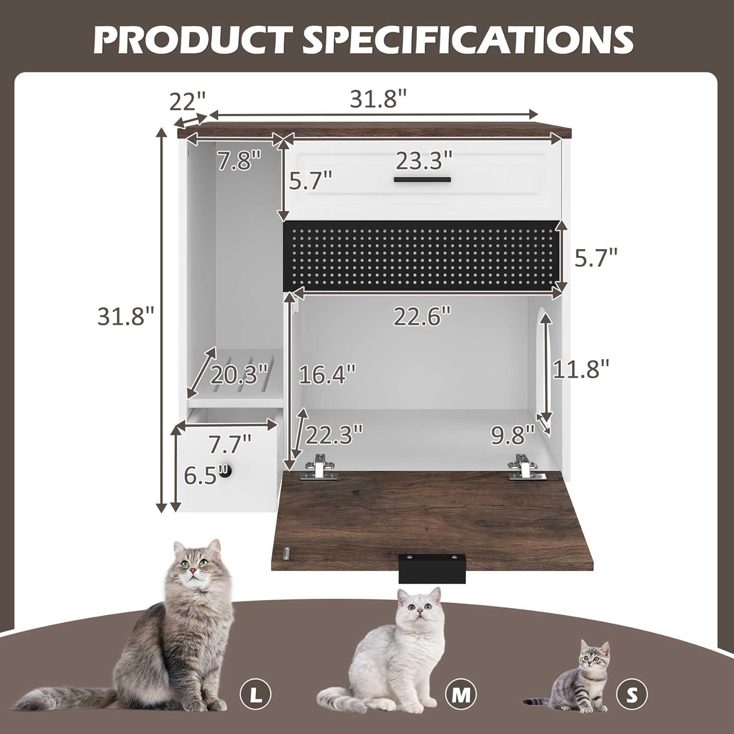 31.8” Cat Litter Box Furniture, Hidden Litter Box Furniture with Storage & Side Table, Enclosed Wood Cat House, Farmhouse, Suitable for Living Room Bedroom, Easy Assembly (White+Brown)