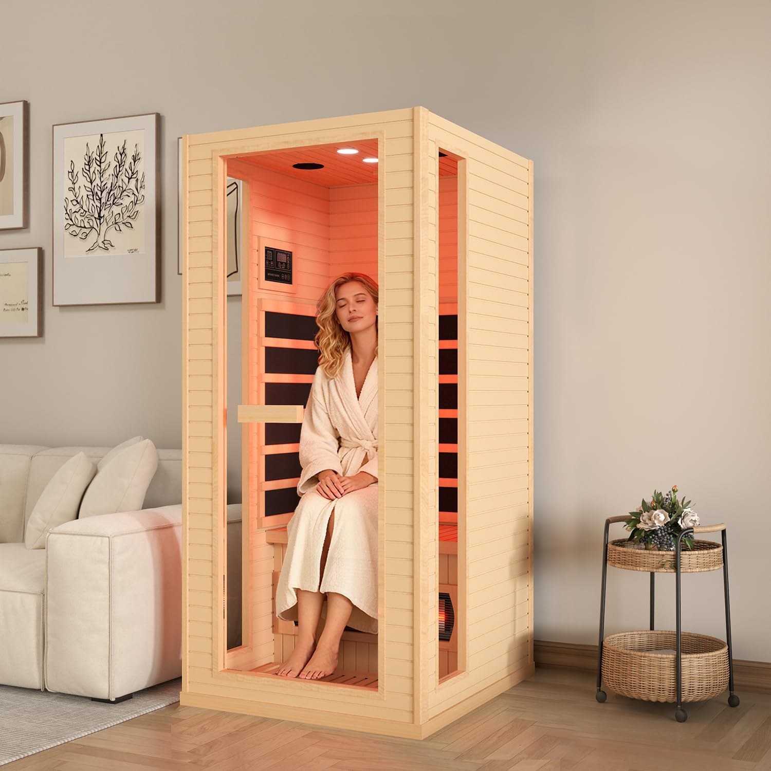 1 Person Infrared Sauna, Full Spectrum Roomy Sauna for Home, Indoor Dry Sauna with Rapid Heating 4 Carbon Panels&1 Carbon Tube, Bluetooth and 7 Color Therapy Lights, 110V