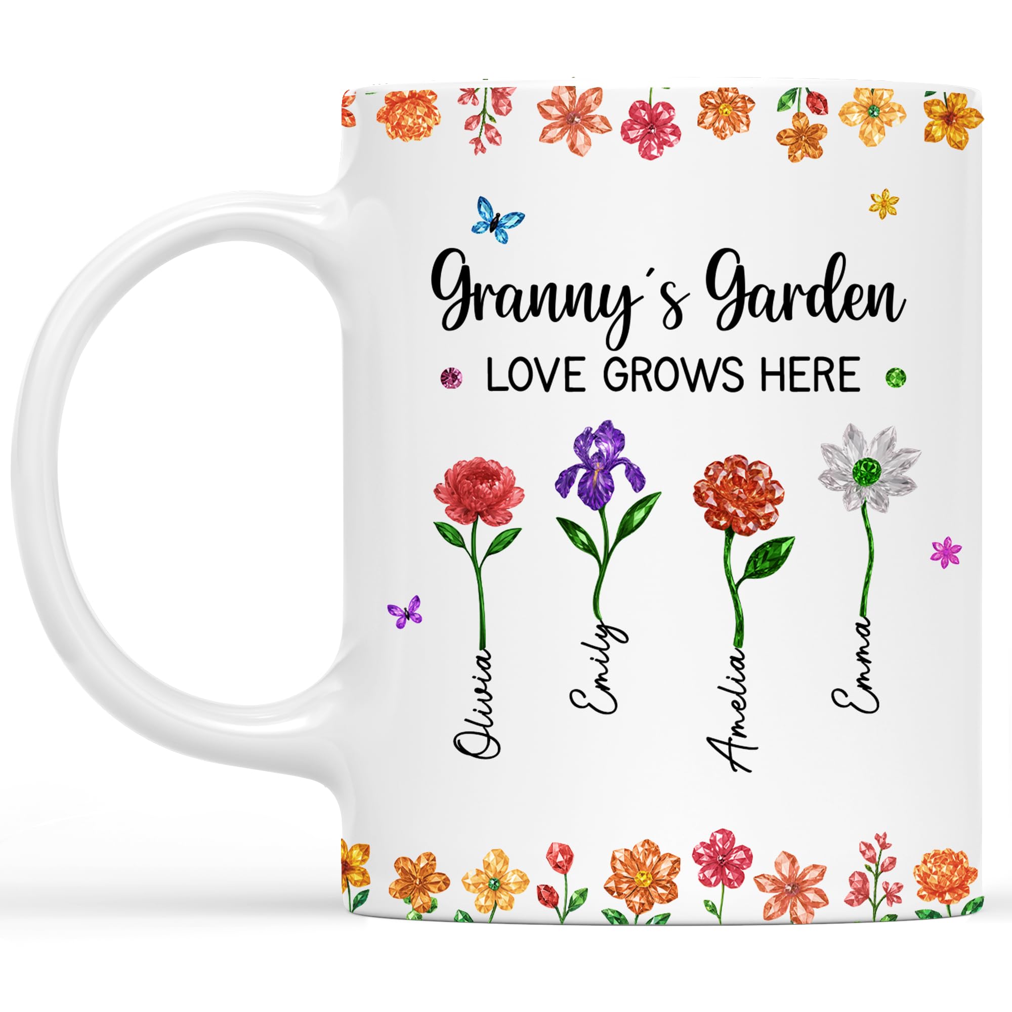 Personal Chic Custom Mug Name - Granny's Garden Love Grows Here - Personalised Mum Gifts, Grandma Gift, Mummy Mug, Grandma Cup, Personalised Mum Mugs, Granny Mugs (4 Kids) โ image 1