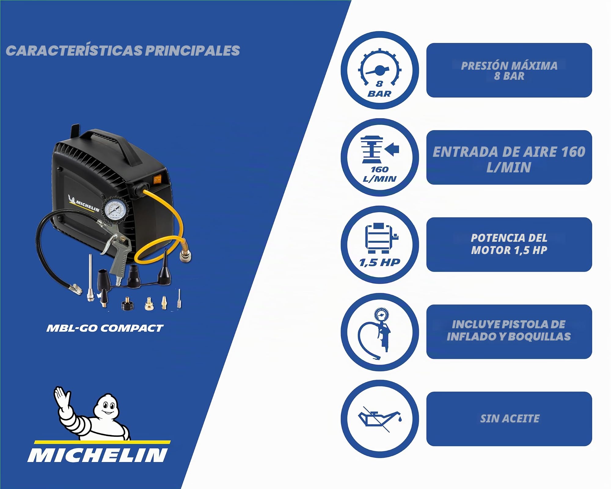 Compresor de aire MBL-GO COMPACT, Compresor de aire sin aceite con manguera flexible, Presión máxima 8 bar, Potencia 1,5 hp, Sin depósito, Nivel sonoro 97 dB (A)