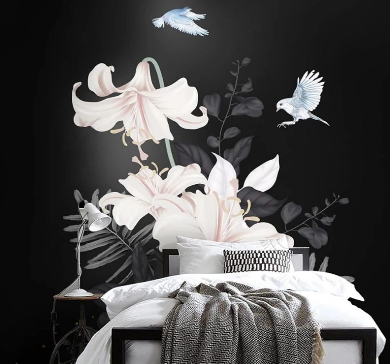 XLMING Hand Drawn Lilies Birds Black Background 3D Wallpaper Luxury Home Dining Decor Paste Sofa Living Room The Wall for Bedroom Mural-250cm×170cm