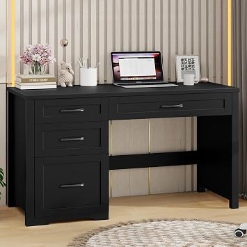 Halitaa Farmhouse 47" Executive Desk with File Drawer, Wood Computer Desk with 3 Storage Drawers, Workstation for Home Office, Study, WritingBlack
