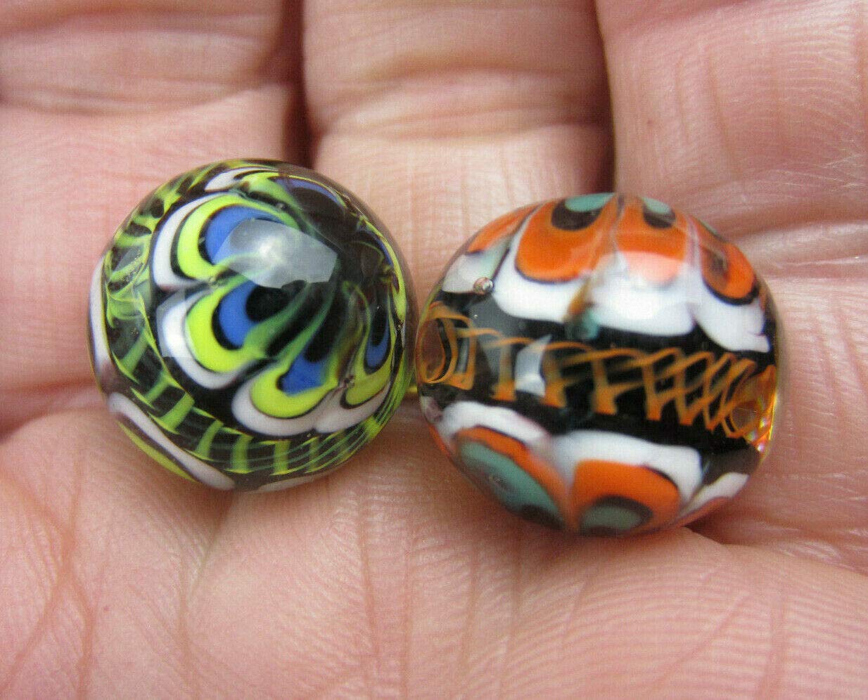 Big Game Toys ~Set of 2 RINKY-Dink 16mm Handmade Art Glass Marbles Orange Blue Green Lattice Design - Image 5