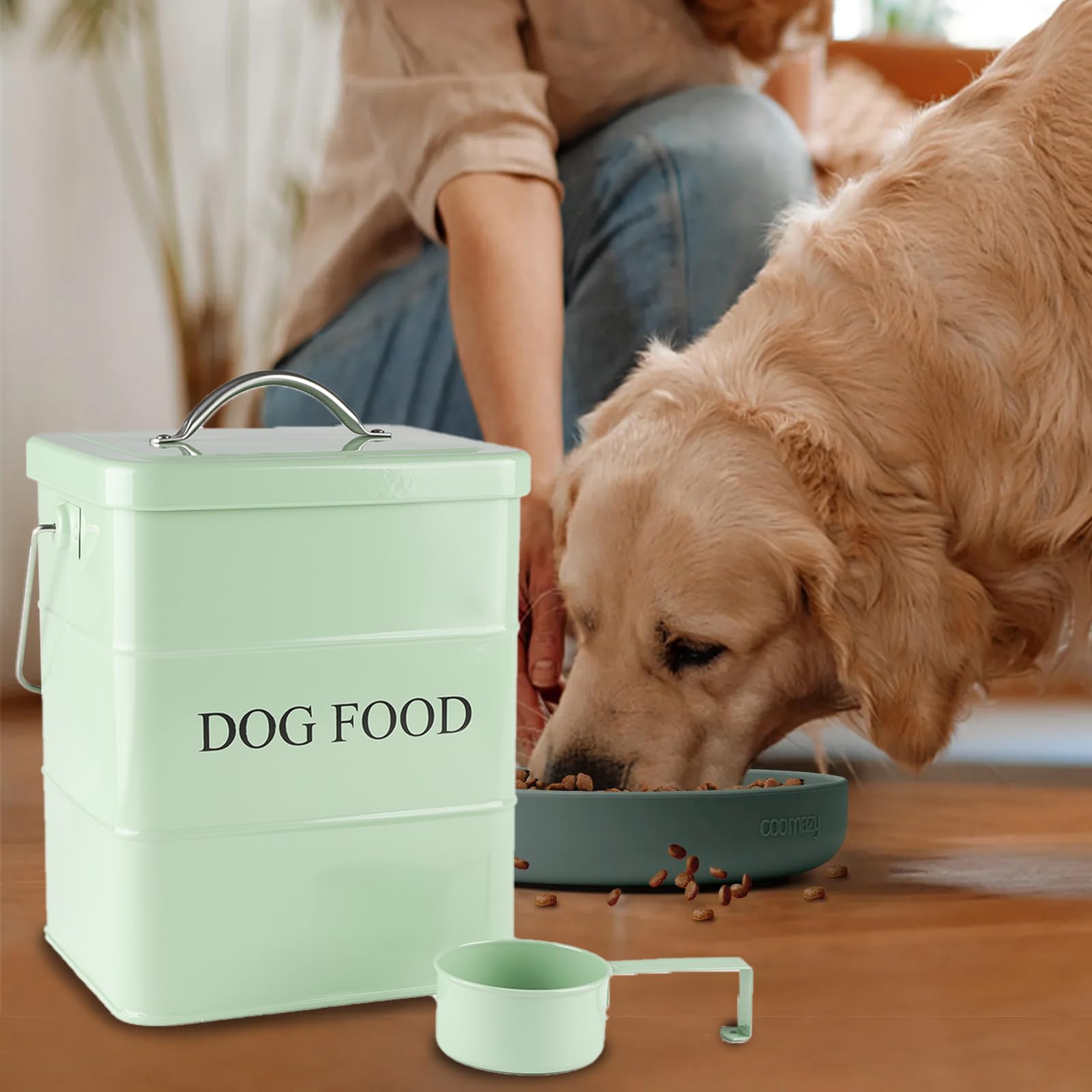 Geyecete-Contenitori Cibo Cane,Contenitori per alimenti per animali domestici,Contenitore crocchette Cani,in acciaio al carbonio rivestito,con coperchio e cucchiaio,Capacità 6L-verde