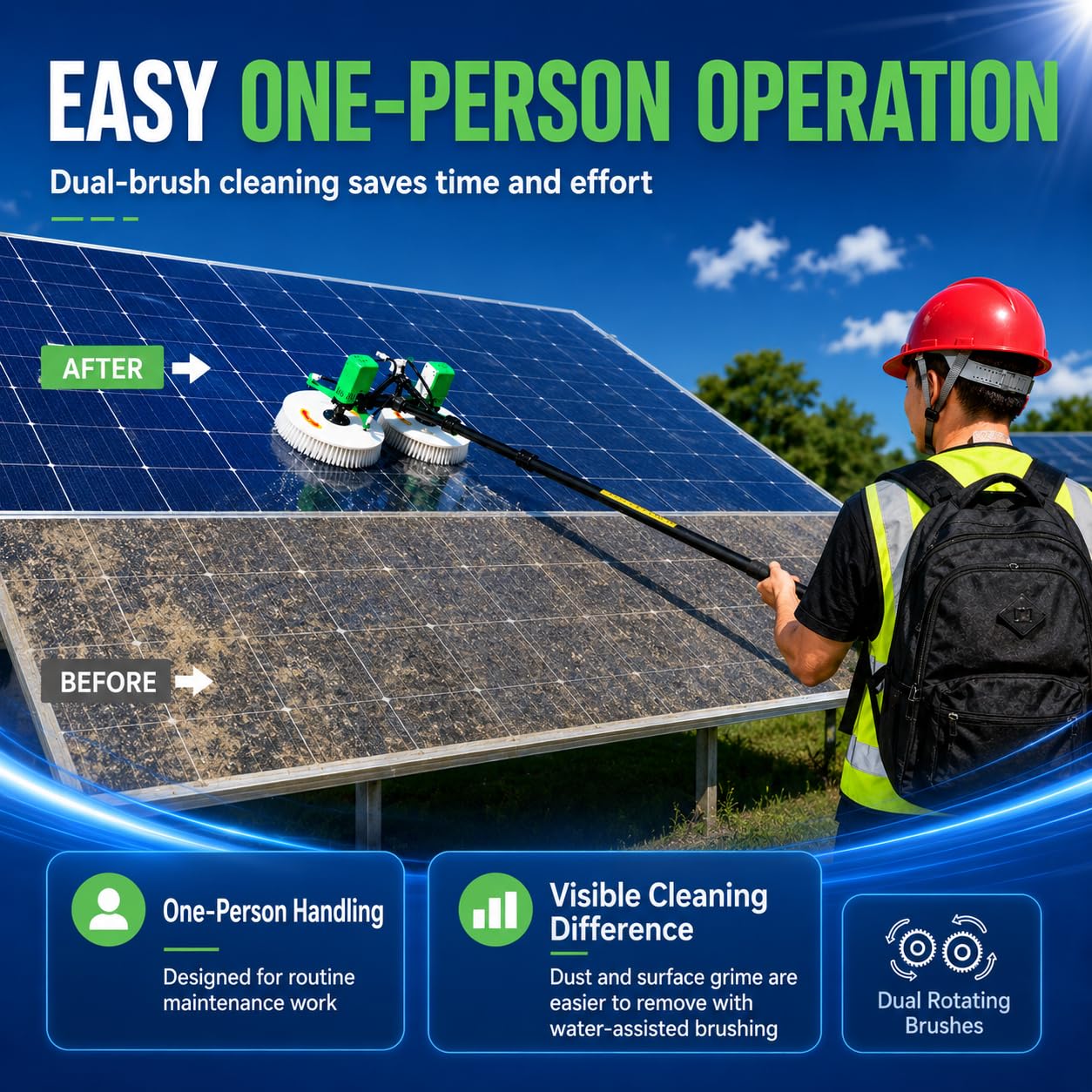 Solarpanel-Reinigungsbürste Mit Doppel-Rotationsköpfen Und Langstange Cordless-7.5M