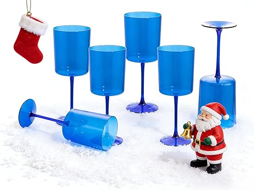 Ciaell Paquete de 6 copas de vino de plástico azules de 10 onzas con tallo  Copas de vino desechables para fiestas, bodas, piscina, aire libre y