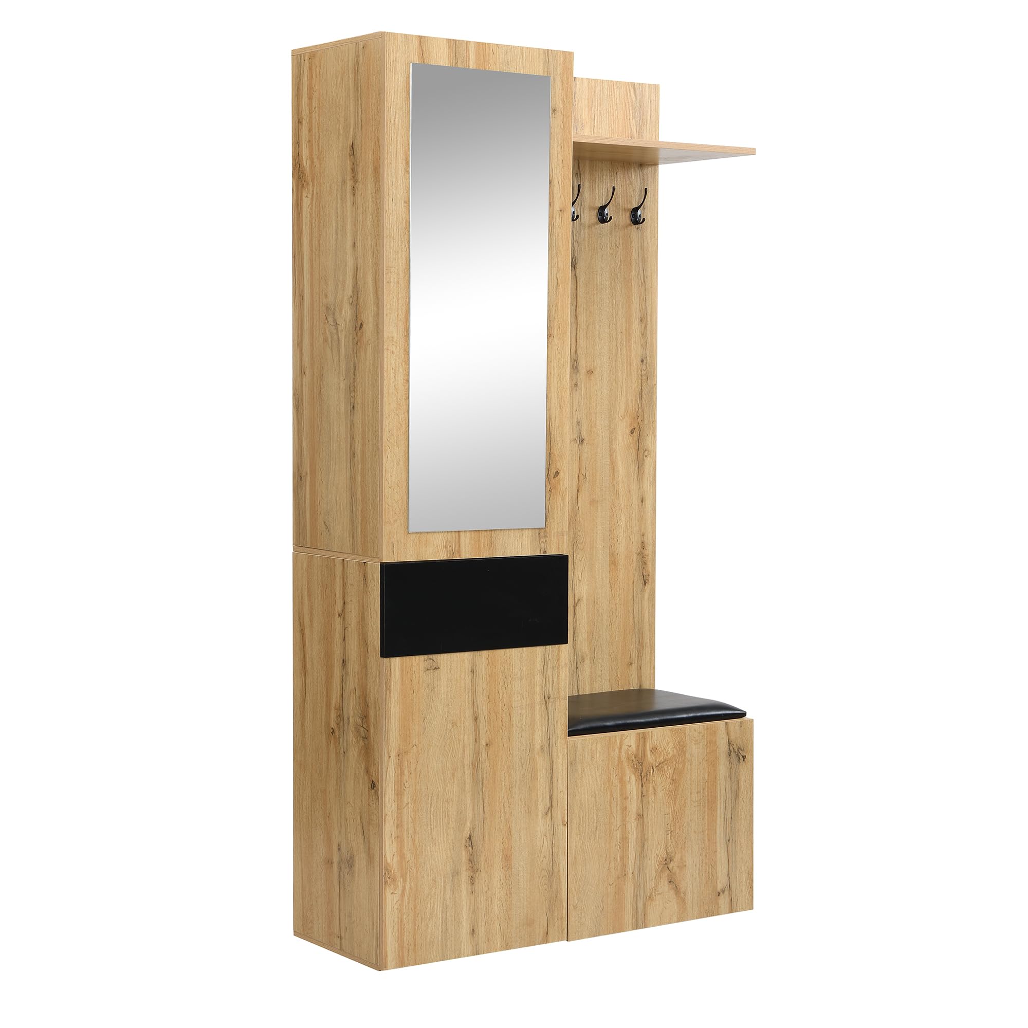 Porte-manteau mural à 5 crochets avec miroir, armoire à chaussures et banc d'entrée, 98,5 x 38 x 191 cm, solution de rangement fonctionnelle pour couloir, organiseur de maison élégant