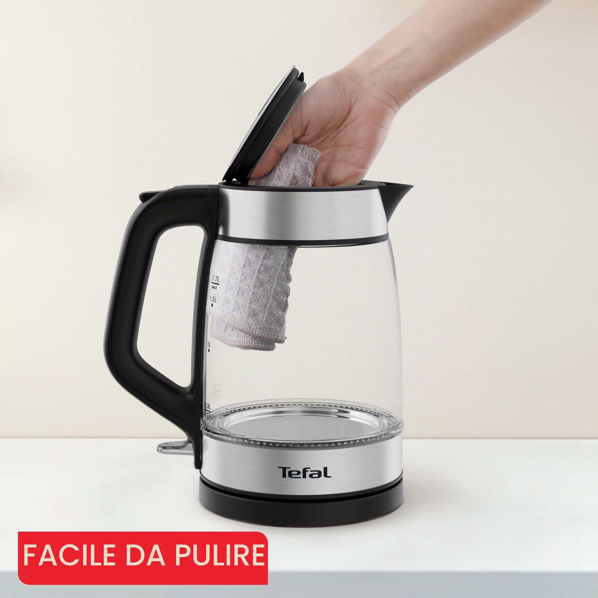 Tefal Ki6058 - Bollitore elettrico in vetro, 1,7 litri, facile da pulire, colore: nero