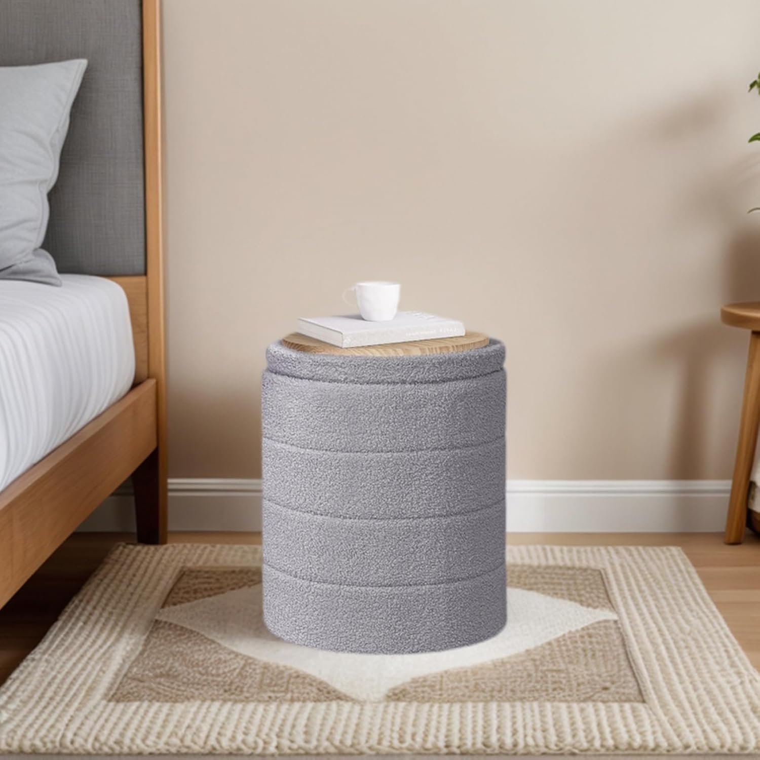 17.7inchs Round Ottoman with Storage, Boucle Ottoman Coffee Table, Foot Rest Footstool for Hallway, Living Room, Bedroom-Grey