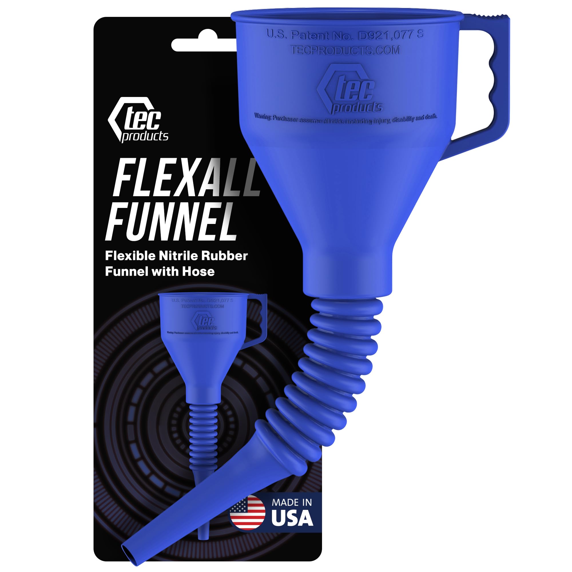 TEC Products FlexAll Funnel - Long Flexible Funnel with Hose for Automotive Use - Durable Nitrile Rubber - Ideal for Car Oil Change, Transmission Fluid, Diesel, Fuel, Gas & More - Made in USA