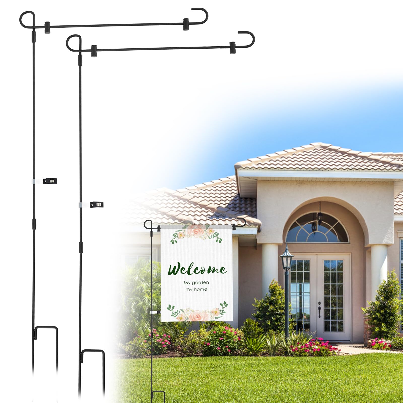2PCS Flag Poles for Garden Garden Flag Holder Stand 8 Pack 34 Inch Wrought Iron Flags Poles Rust Resistant with Anti Wind Clips for Yard Lawn and Seasonal Decor