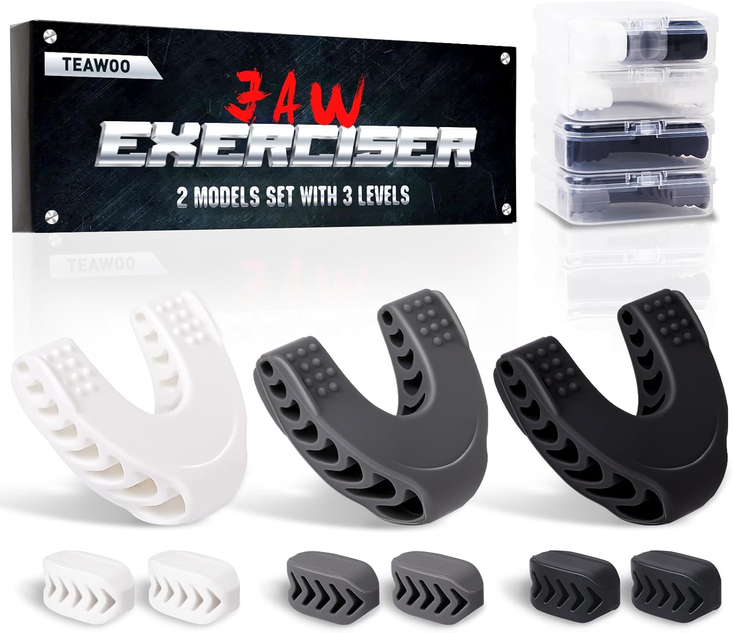 9PCS Jaw Exerciser for Men & Women, 2 Model Set with 3 Resistance Levels Silicone Jaw Toner for Beginner, Intermediate & Advanced Users, Jawline Exerciser (White/Grey/Black)