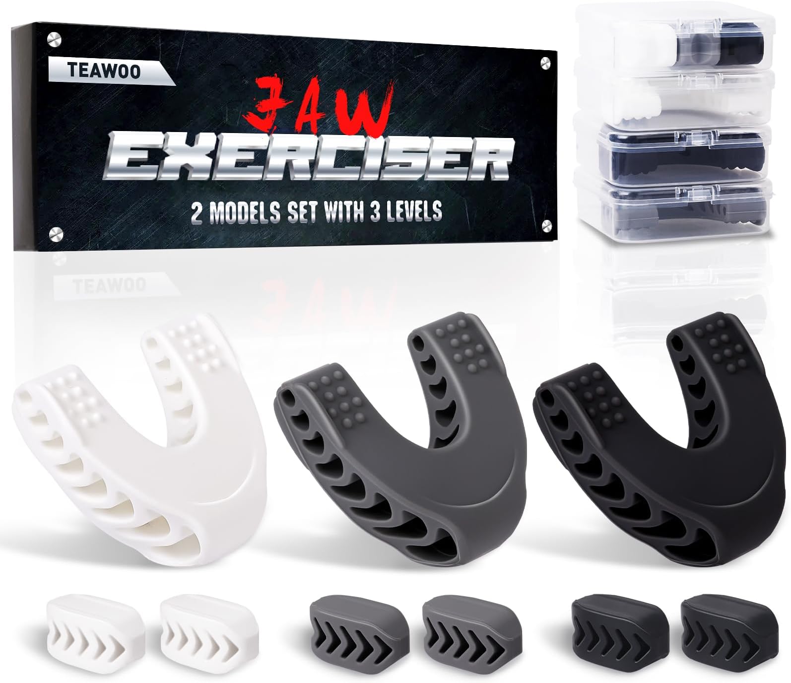 TEAWOO 9PCS Jaw Exerciser for Men & Women, 2 Model Set with 3 Resistance Levels Silicone Jaw Toner for Beginner, Intermediate & Advanced Users, Jawline Exerciser (White/Grey/Black)