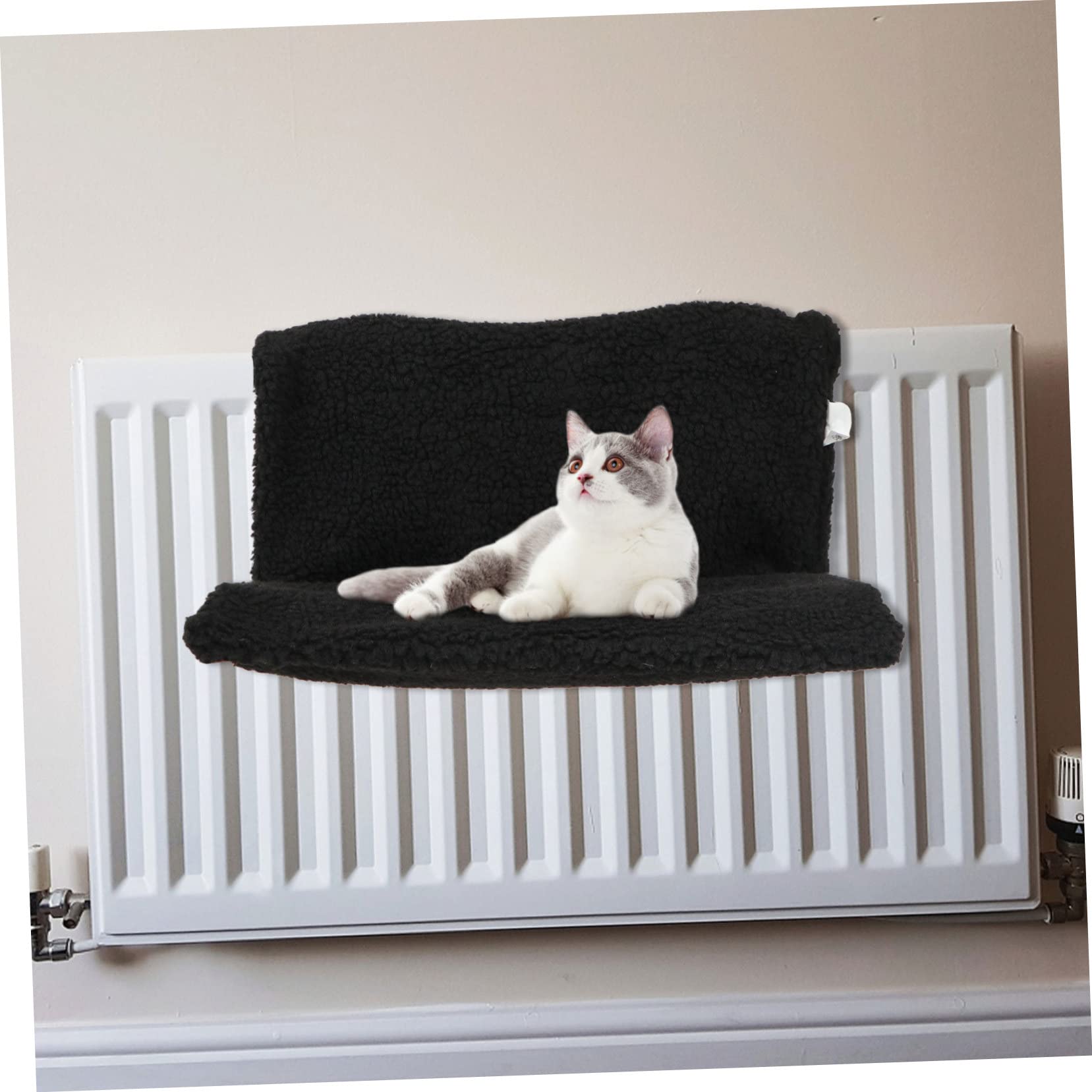 Happyyami Cuccia Gatto da Termosifone Sospesa Struttura in Metallo Nera, Tessuto in Poliestere e Lino, Salvaspazio e Ecologica per Gatti e Cuccioli
