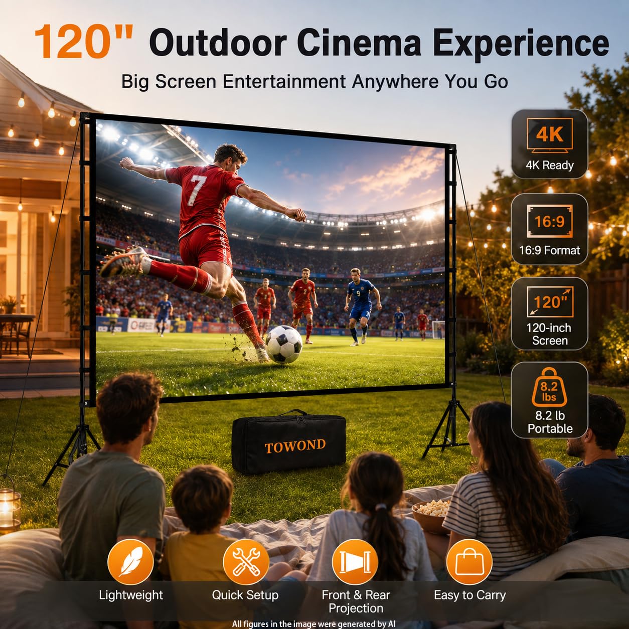 Pantalla Soporte para proyector,Towond Pantalla de proyeccion 120 Pulgadas para Interior y Exterior sin Arrugas 16:9 4K HD Pantalla de proyector de jardín Plegable para Noches de Cine en casa