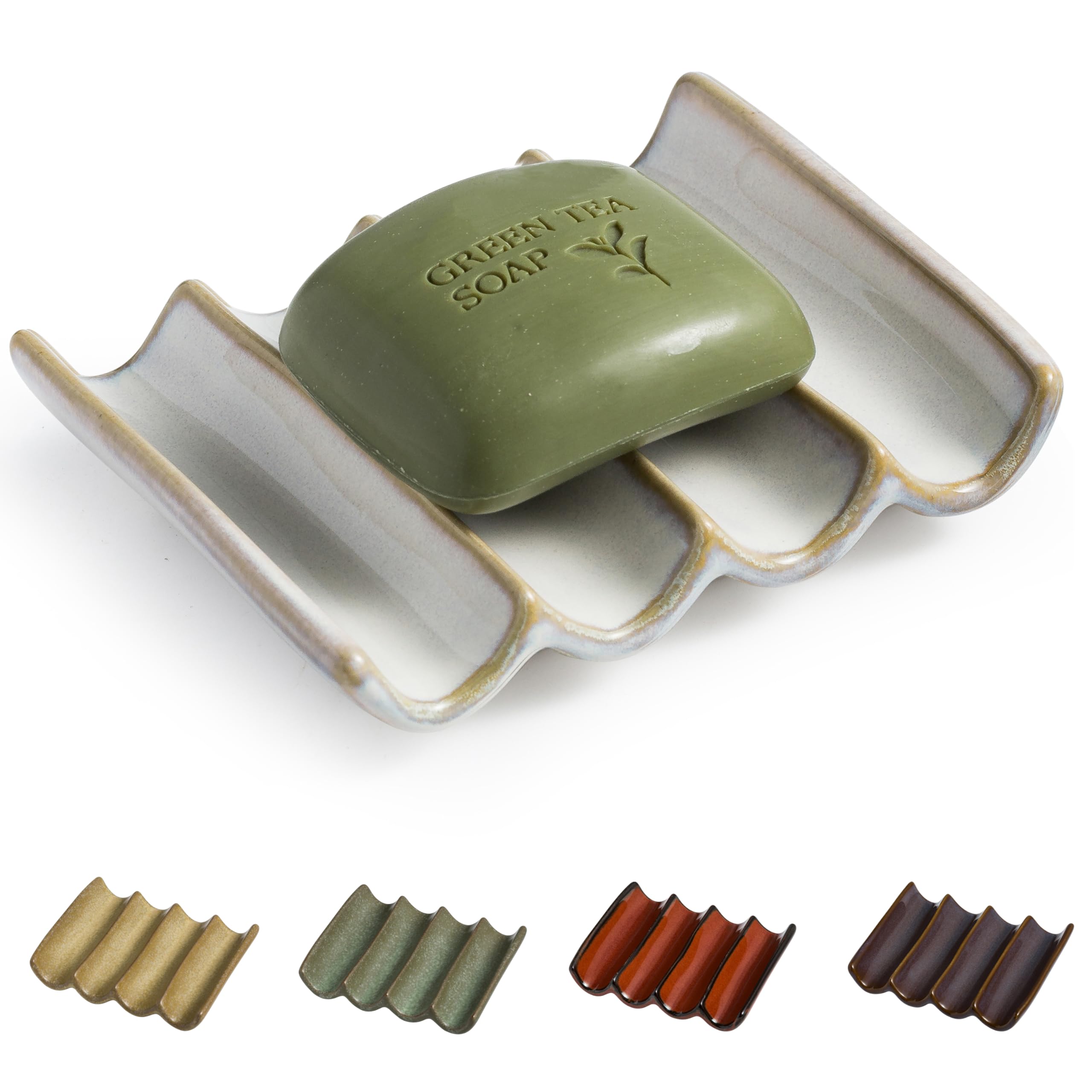 Soap Dish with Self Drain Fluted Design, Bar Soap Holder for Bathroom, Japanese Soap Tray for Shower, Bathroom and Kitchen Sink Organizer, Ceramic Soap Saver, White