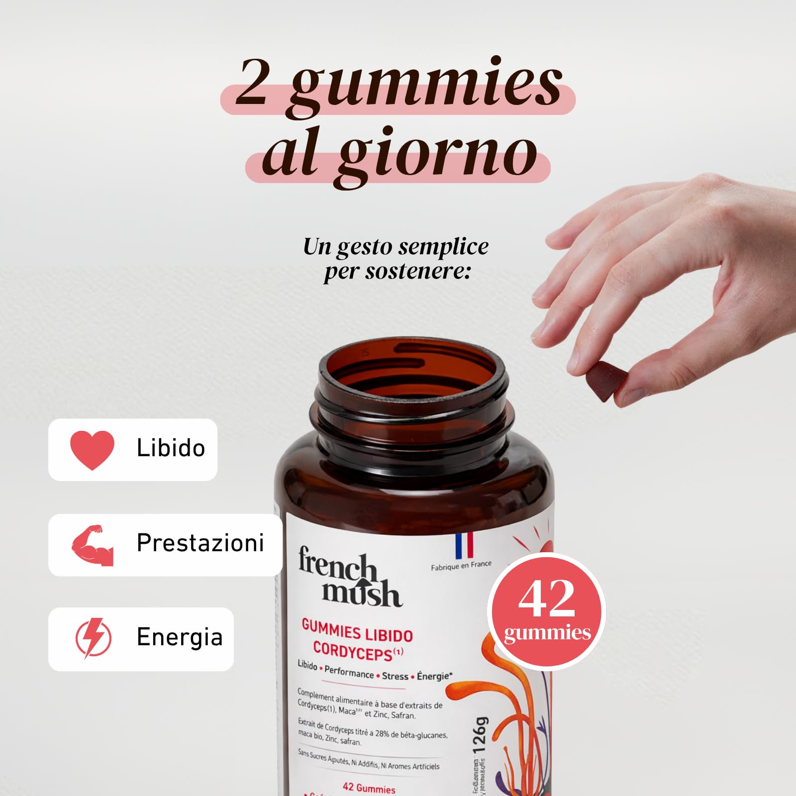 French Mush - Gummies Libido - Integratore Vitalità ed Energia - Cordyceps, Maca, Zafferano, Zinco - Supporto Libido, Performance ed Equilibrio Emotivo - 42 Gummies
