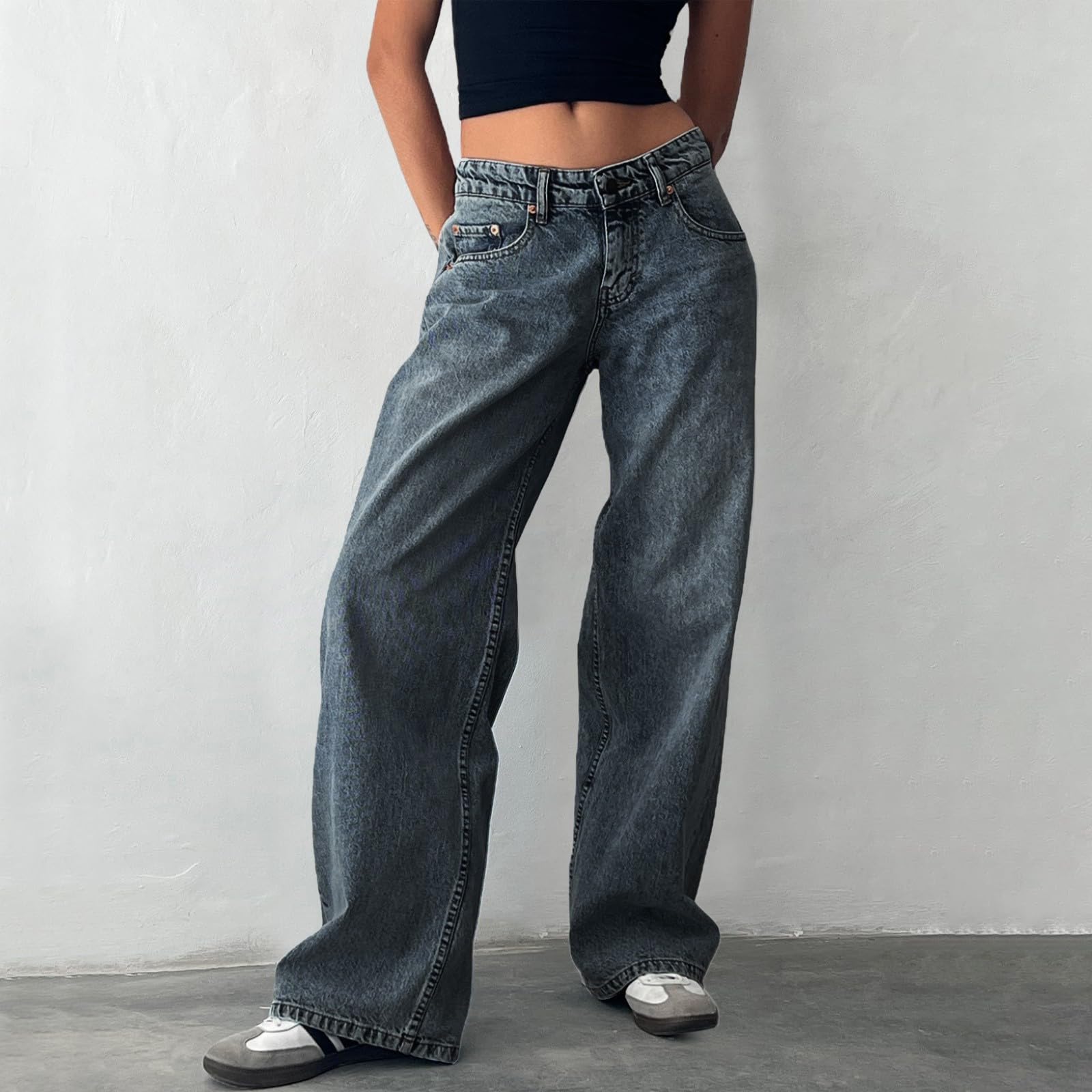 Generisch Pantalon de jogging pour femme - Jean large et taille basse - Coupe ample - Coupe droite - Jean stretch tendance