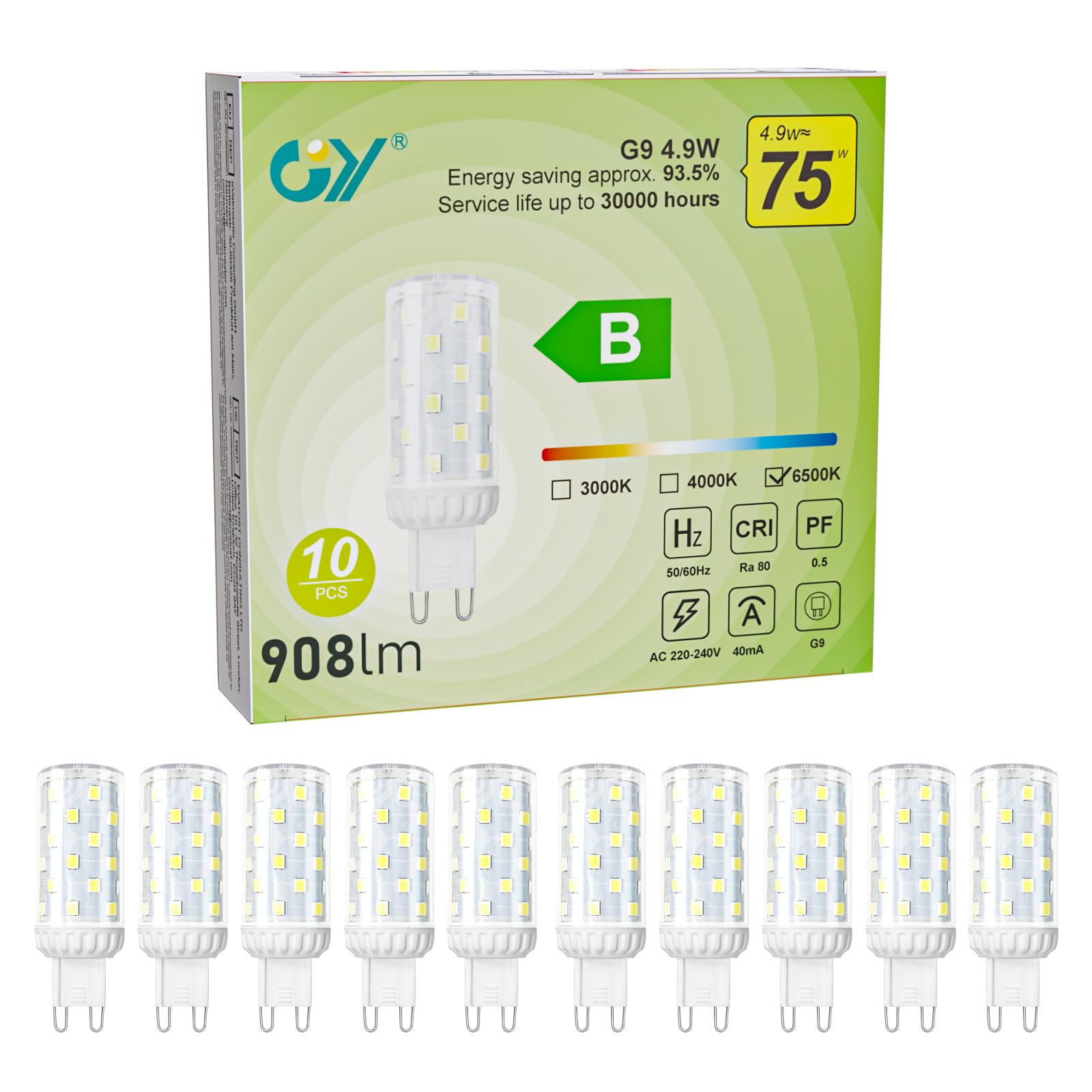 GY GY Large G9 LED Bulbs,4.9W Cool White 6500K High Energy Efficient Light Bulbs,Equivalent to 75W,908 Lumen Non-Dimmable, for Home Lighting Decor,10 Pack