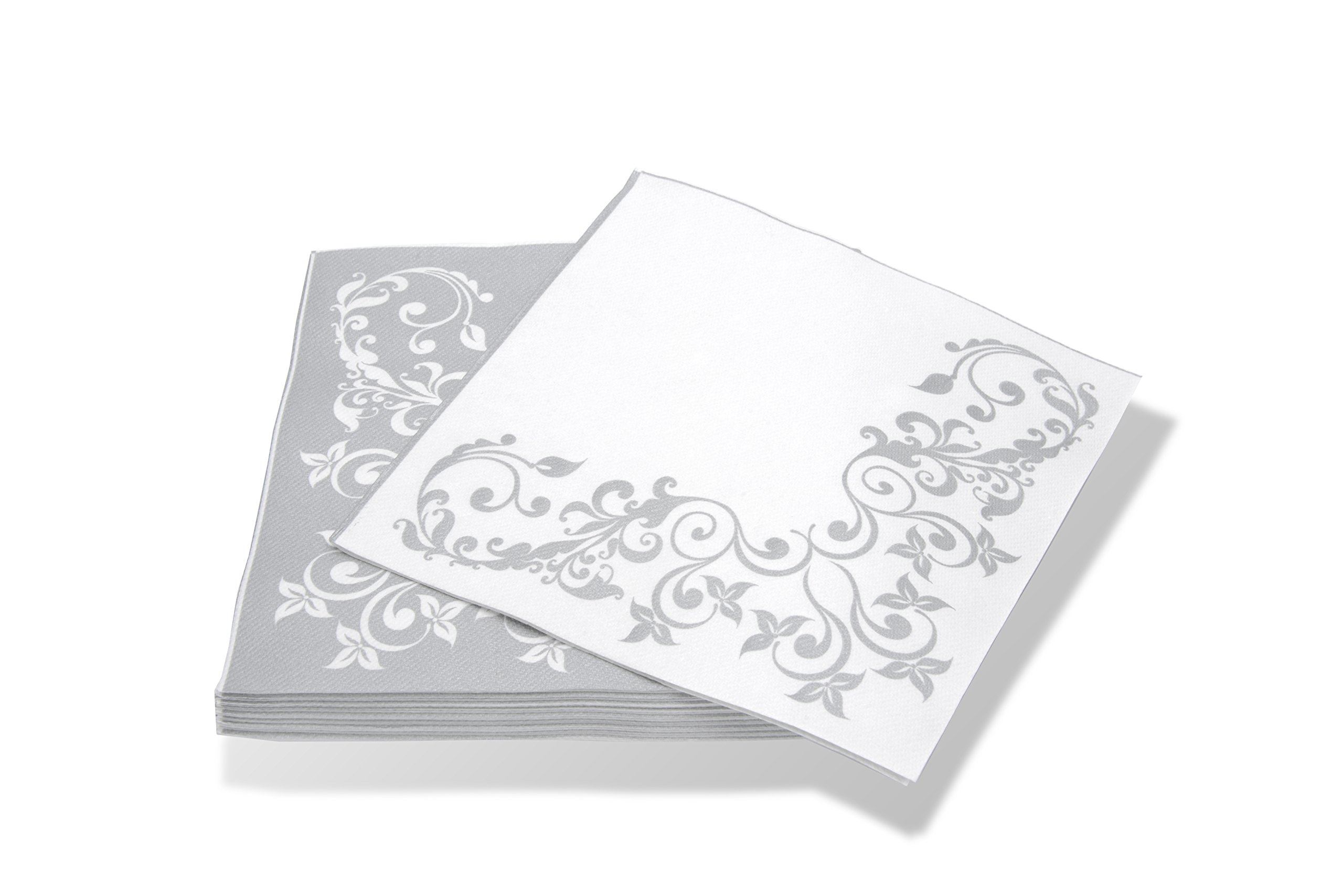 SimuLinen Gallery Disposable Dinner Napkins – Decorative, Linen-Feel, Elegant & Cloth-Like – SILVER and WHITE - Absorbent & Durable - Weddings, Parties and Holidays! – Perfect Size: 16"x16" Pack of 50