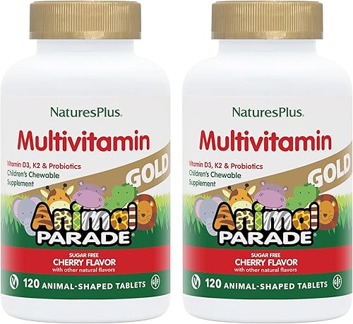 NaturesPlus Animal Parade Gold Multivitamínico para niños, cereza, 120 tabletas masticables en forma de animal, paquete de 2, vegetarianos, sin