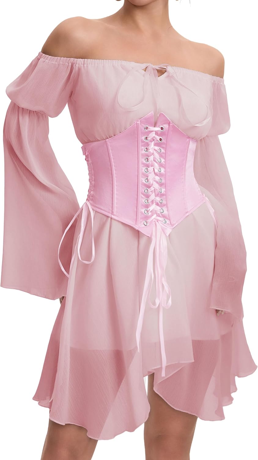 ETATNG Womens Two Piece Corset Dress Off Shoulder Bell Sleeve Summer Party Lace Up Bustier Dress