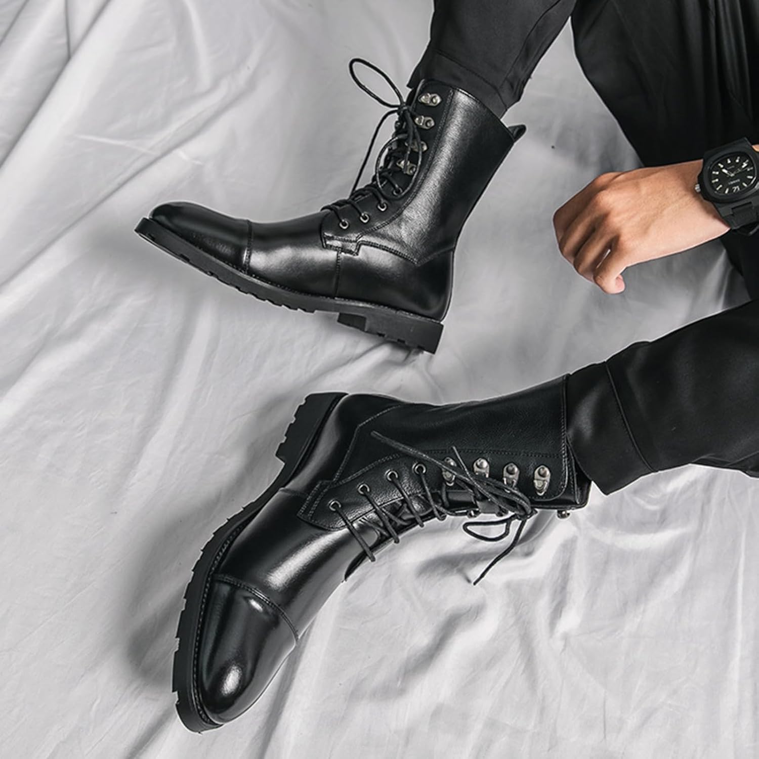Men's Genuine Leather Patchwork Rivet Cap Toe Combat Boots Fashion Lace Up Round Toe Block Chunky Heel Mid Calf Derby Booties For Riding Hunting