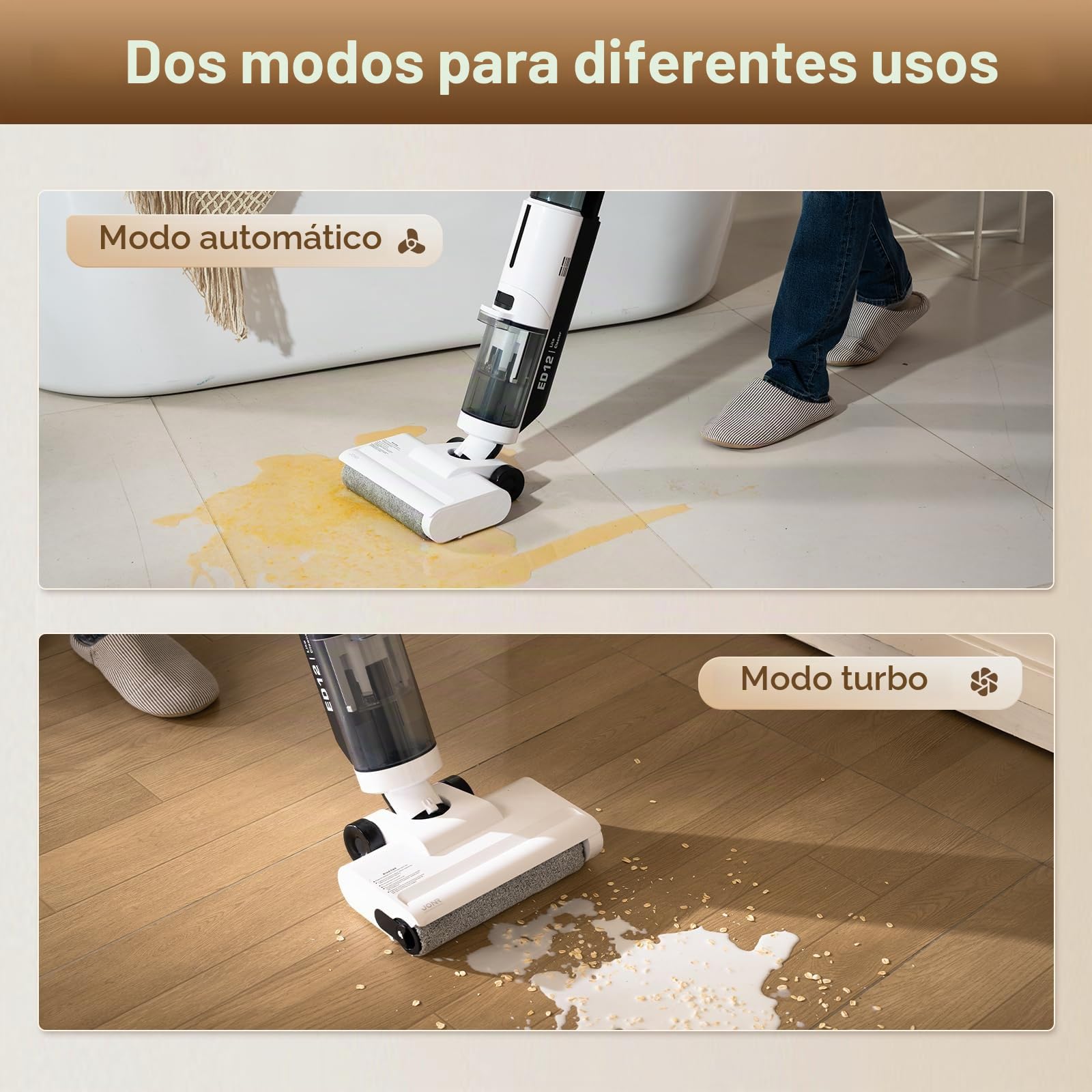 JONR ED12 Lite Aspirador en Seco y Húmedo, Aspirador y Mopa 4 en 1 sin Cable, Cepillo Limpiador de Bordes, Función de Autolimpieza, Autonomía 25 Min, para Suelos Duros y Pelo de Mascota.