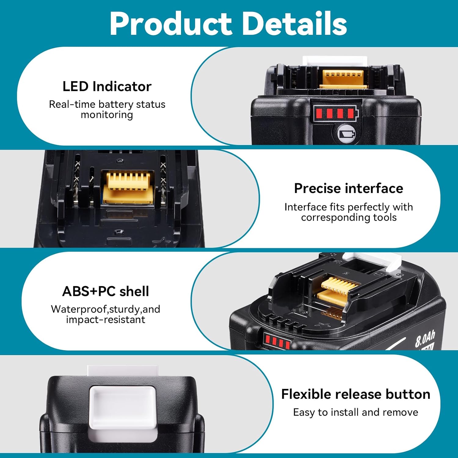 2 Pack 8.0ah Replacement for MaKita 18v Battery Lithium Ion BL1890 BL1860 BL1850 BL1840 BL1830 BL1815 BL1820 Cordless Tool Battery Packs Compatible with MaKita 18v Tools and Changer
