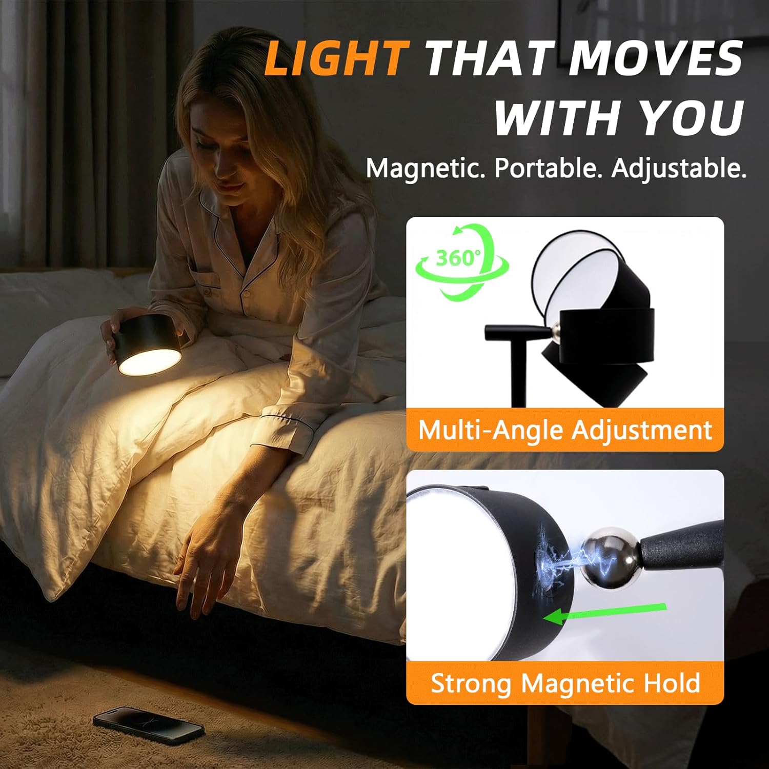 4-in-1 LED Floor Lamp with Detachable Magnetic Head - Adjustable Height Standing Lamp & Table Lamp, Portable Night Light for Bedroom, Reading, Nursing, Non-Disturbing Sleep Aid(Black)