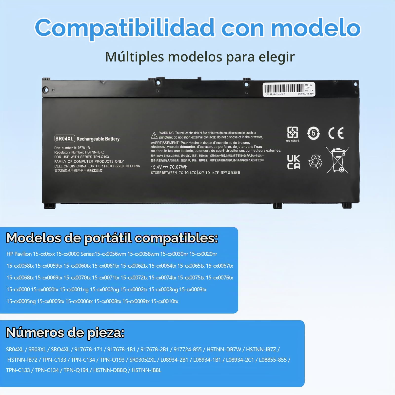 SR04XL 917724-855 Batería de portátil para HP Omen 15-CE0XX 15-DC0XX 15-CE018DX Pavilion 15-CB000 15-CE000 15-CB0XX 15-CX0XX Series 917678-1B1 917678-2B1 HSTNN-DB7W HSTNN-IB7Z 15.4V 70.07Wh