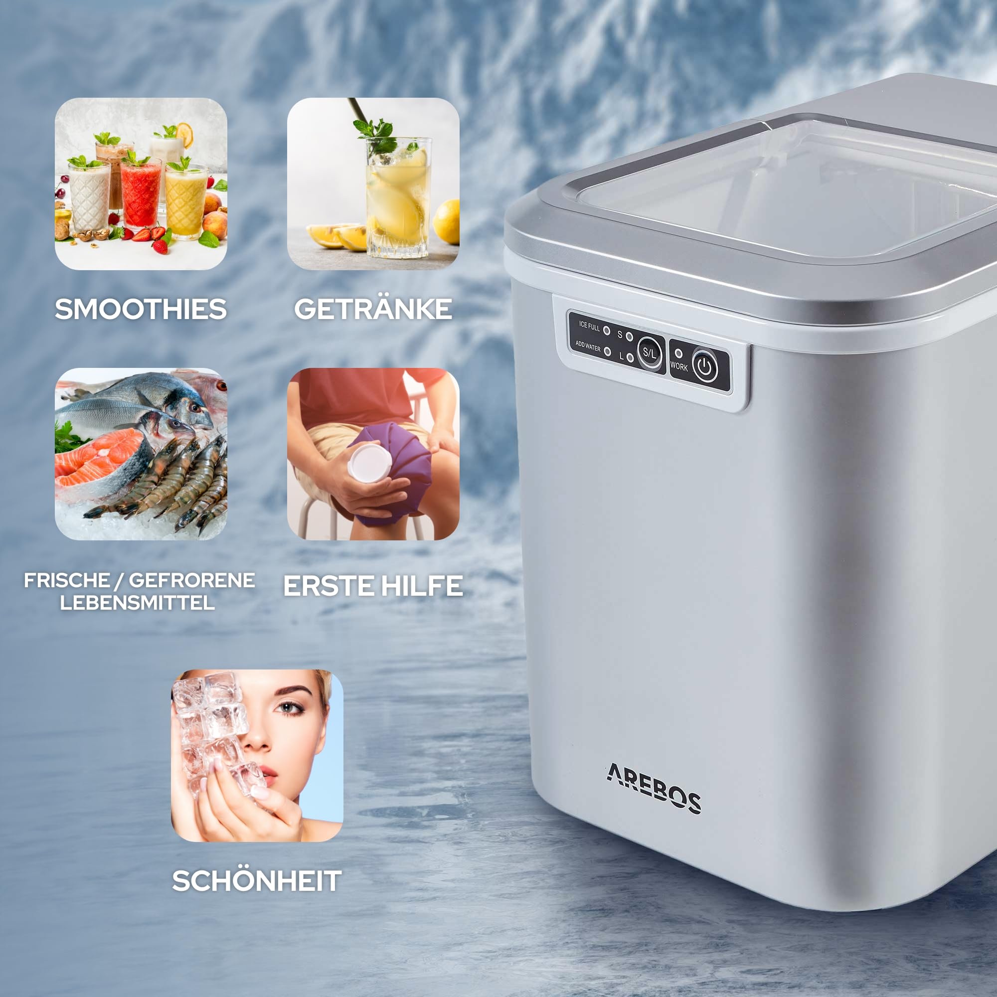 Arebos Eiswürfelmaschine 12 kg/24 h 2,2 L Wassertank Selbstreinigend Leise 2 Eiswürfel-Größen Silber