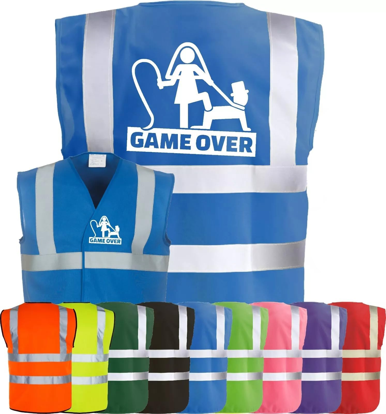Corporate Togs GAME OVER Funny Hi Vis Vest, Stag Do Party Wedding Groom Printed Vest, Reflective Trim, Fully EN471 Health & Safety Compliant Gear, Small-XXXL | Safety Vests