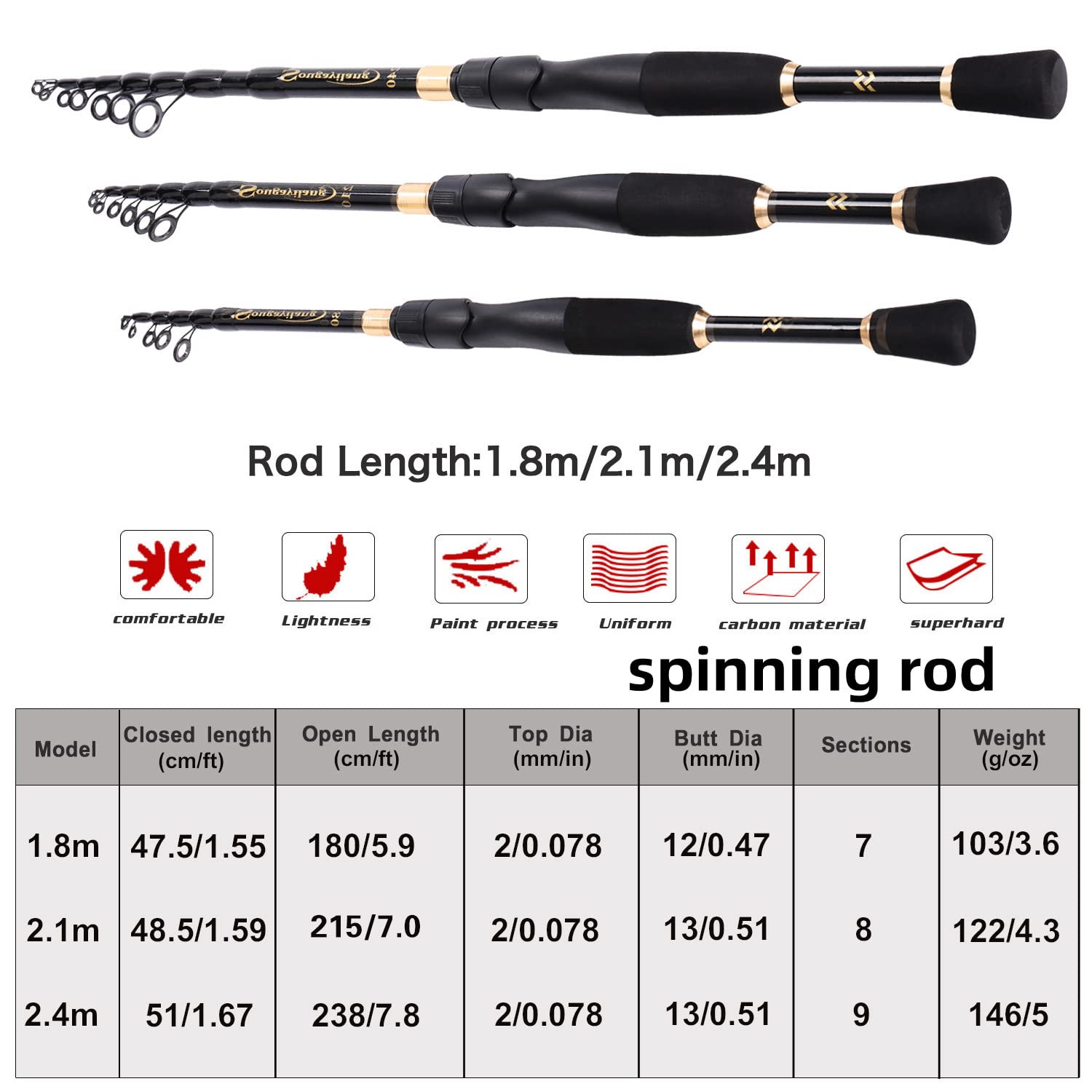 Cañas de pesca telescópicas de 1,8 a 2,4 m, peso ultraligero Spinning Casting Carbon Pole accesorios de pesca