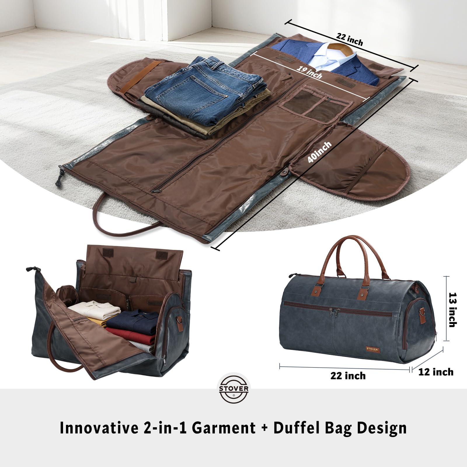 STOVER Garment - Bolsa de viaje grande 2 en 1, equipaje de mano convertible para hombres y mujeres, trajes colgantes, vestidos y ropa + compartimento para zapatos, bolsa de fin de semana (cuero azul),