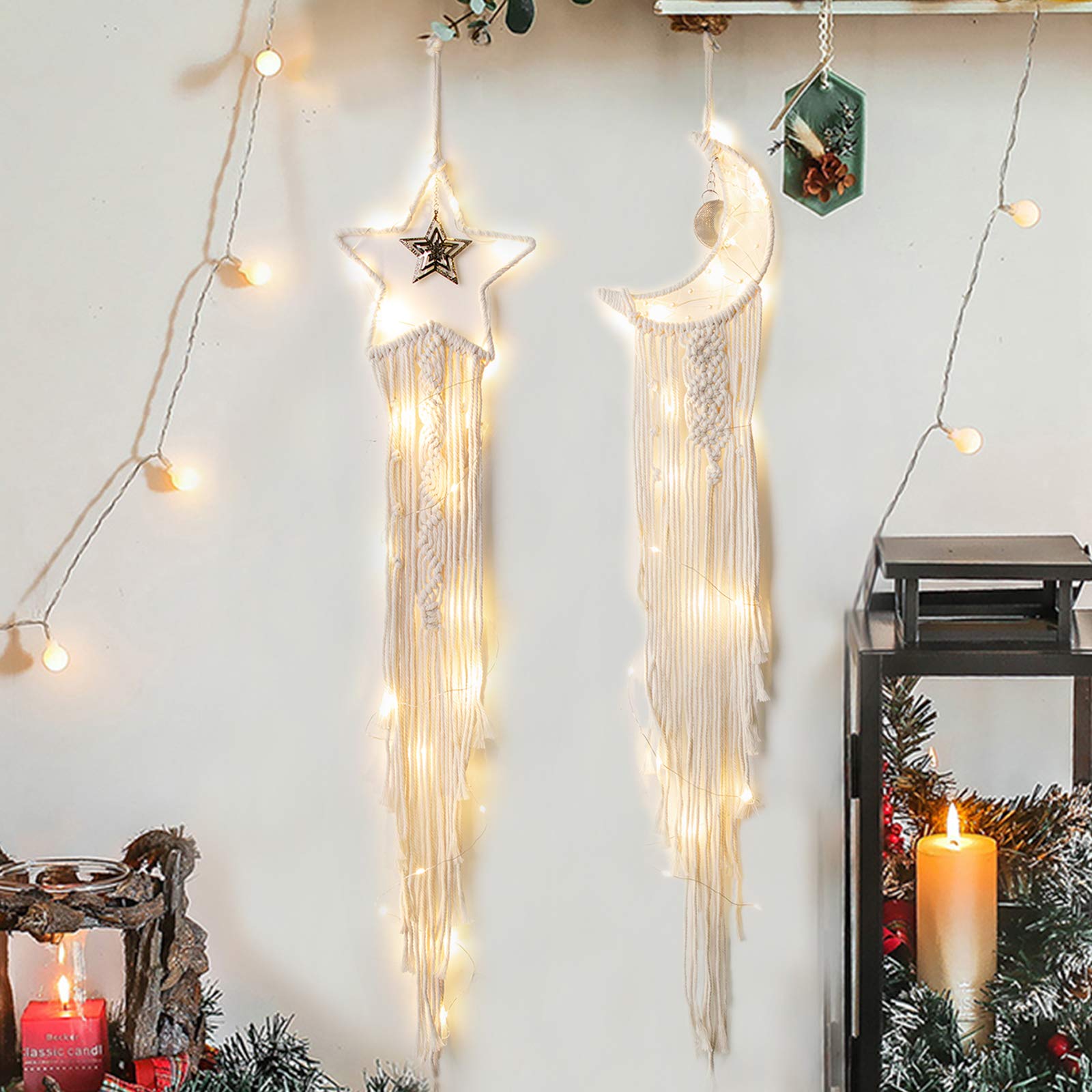 LALA IKAI Boho Dream Catcher with Lights Macrame Moon and Star Wall Decor Handmade Woven Decoration for Kids Room Home Wedding Ornament Craft Gift