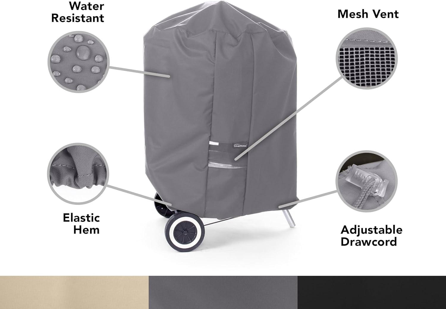 Covermates Elite Charcoal Kettle Grill & Smoker Cover – All‑Weather Water‑Resistant Outdoor Cover with Mesh Vents, Elastic Hem & Drawcord, Heavy‑Duty 300D Polyester, 39DIAMETER x 42H, Charcoal