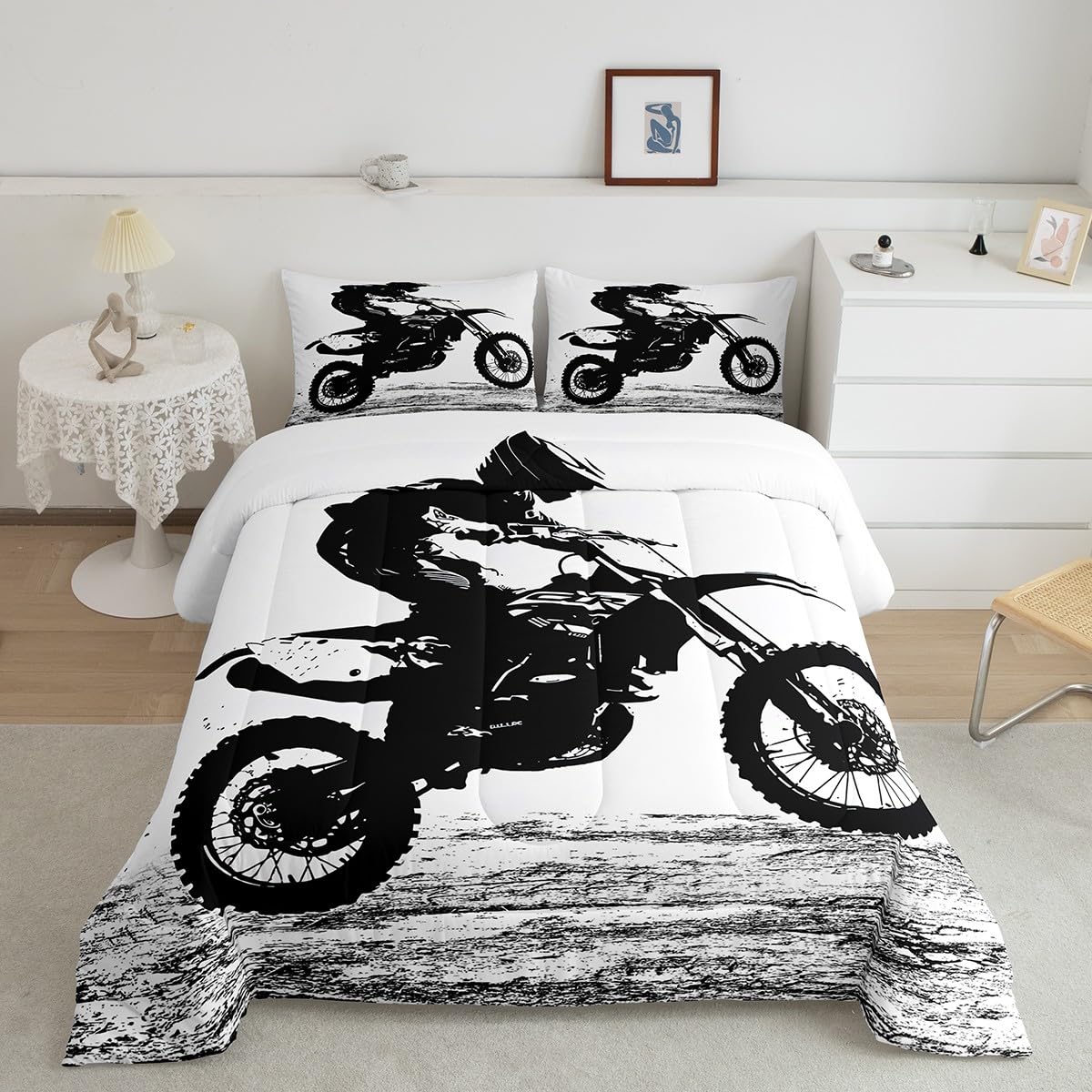 Erosebridal Teens Dirt Bike Down Comforter Full Size, Motocross Rider Comforter Set for Kids Boys Adult Men, Motorbike Extreme Sport Bedding