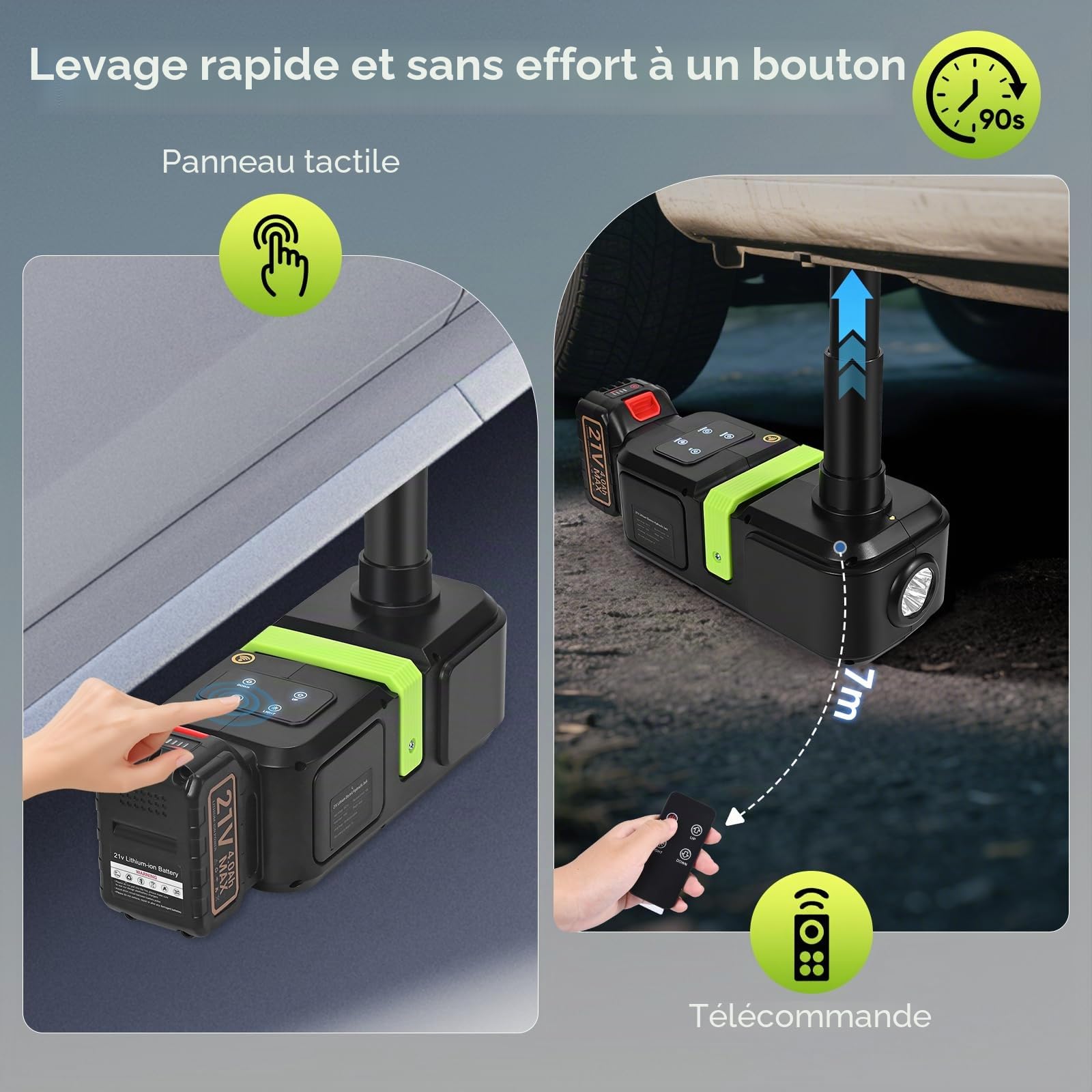 Cric hydraulique électrique 5T, Cric électrique avec Batterie 4,0Ah, Capacité de Levage 15-53cm, avec Chargeur, Pompe à air Gonflable et Lampe LED pour Voiture, SUV, berline, MPV