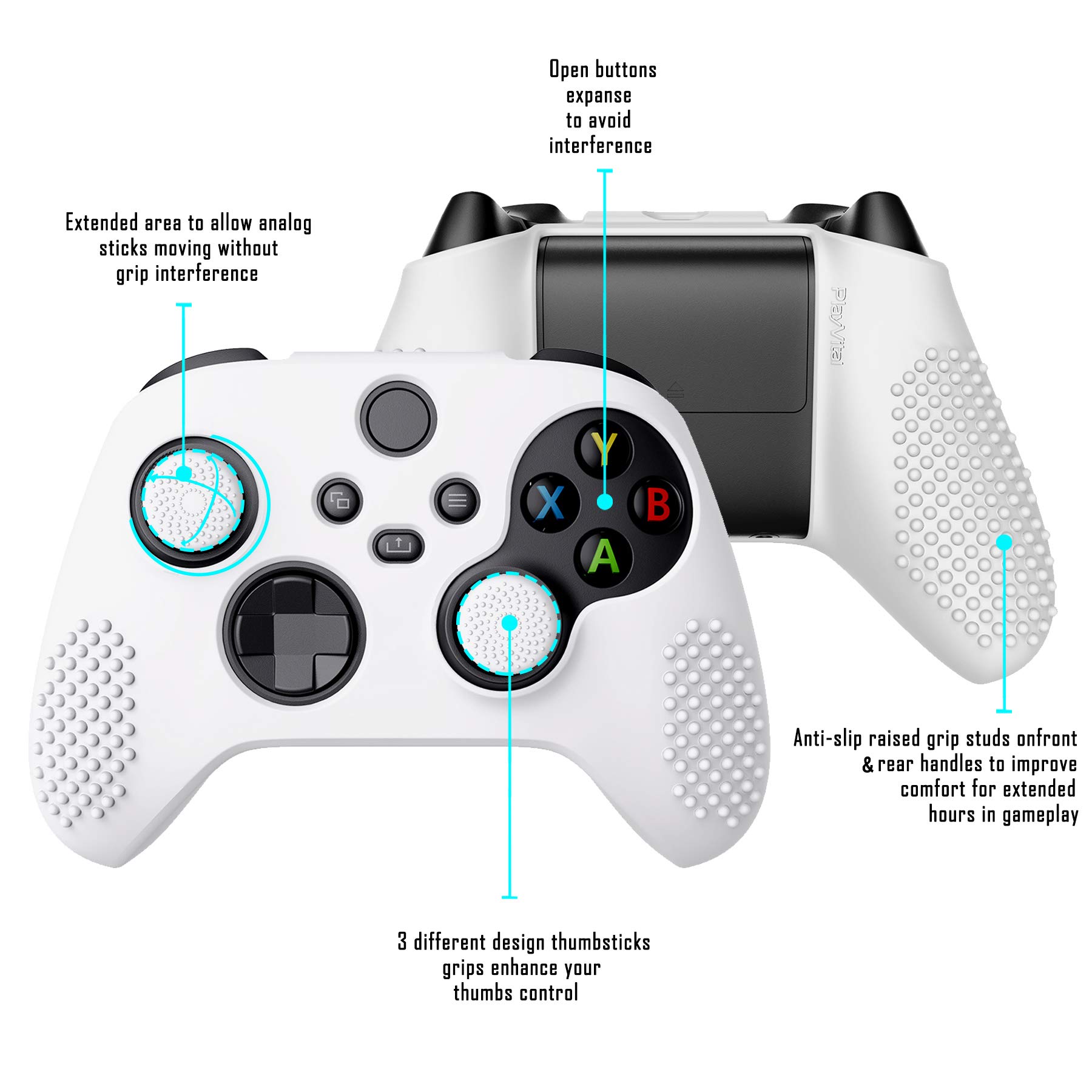 eXtremeRate PlayVital 3D Studded版Xbox Series X/Sコントローラーに対応用アンチスリップシリコーンカバースキン、黒い親指グリップキャップ6つ付き、Xbox Coreワイヤレスコントローラ対応用ソフトラバーケースプロテクター【ホワイト】 - 3