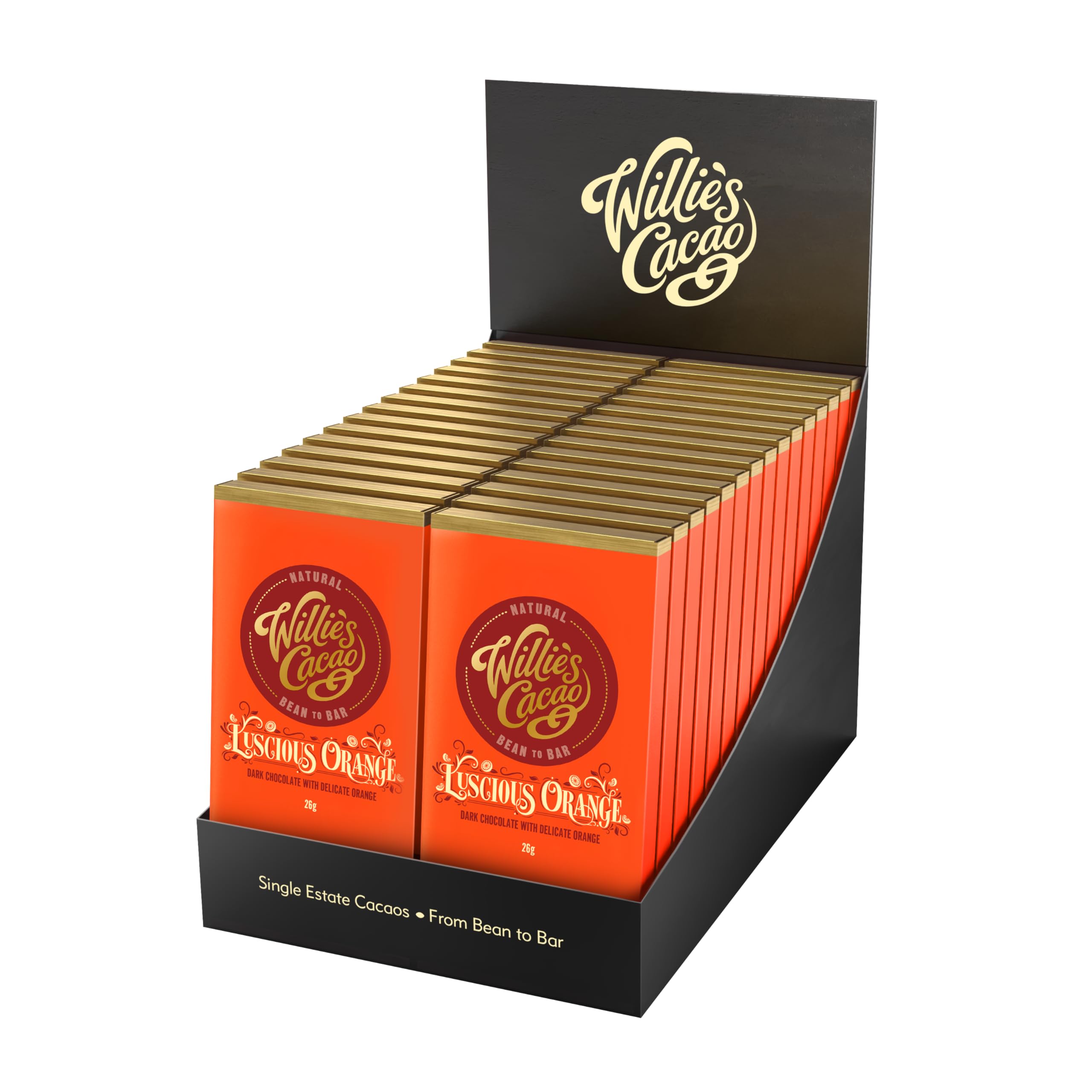 Willie's Cacao - Luscious Orange, 65% Dark Chocolate with orange bar- 26g x 30 - Vegan chocolate - Artisan chocolate - Bean to bar