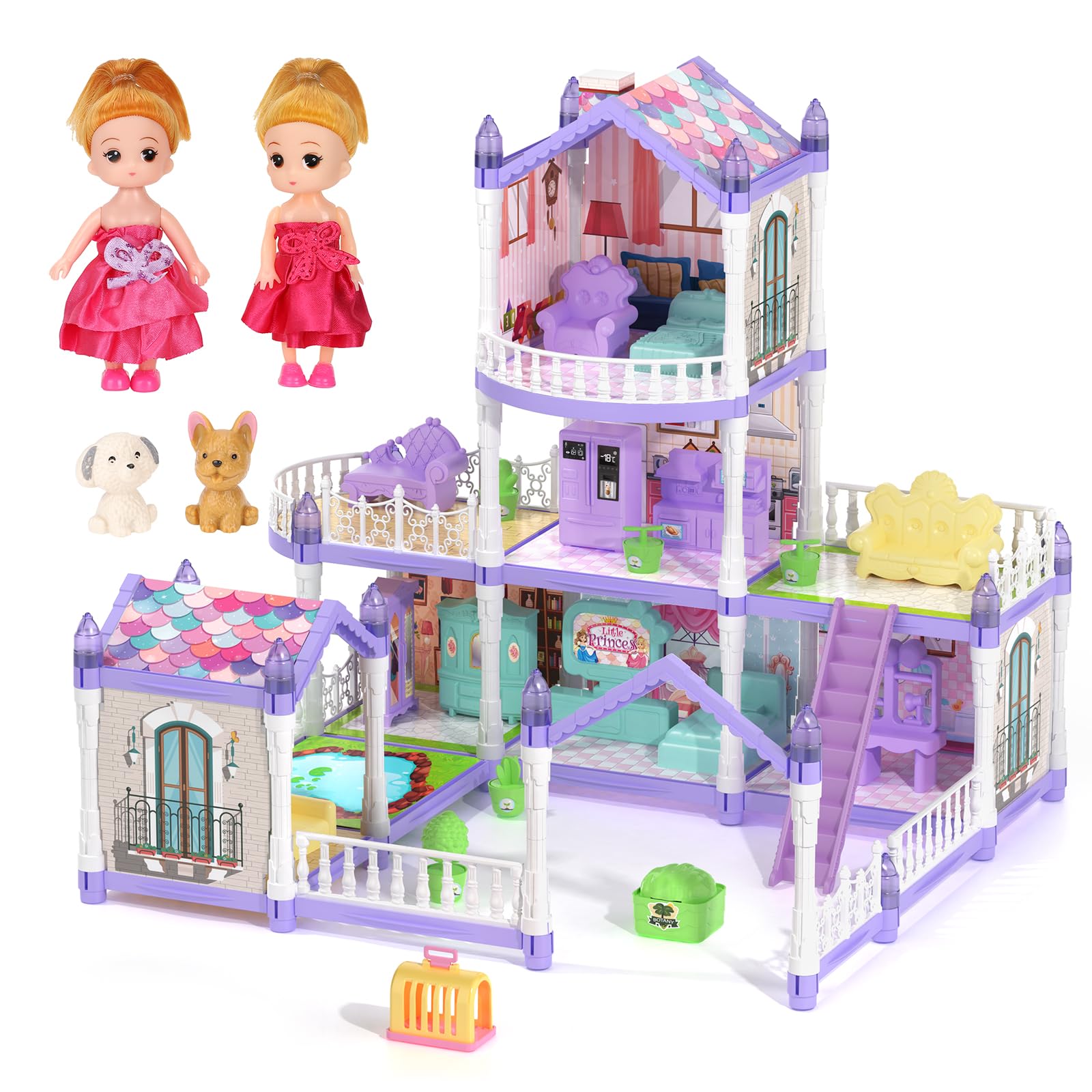 Juego de casa de muñecas de princesa, casa de muñecas morado lila con 9 habitaciones en 3 pisos, incluye 2 muñecas, 2 mascotas, 12 muebles y otros accesorios, regalo perfecto para niñas casa de